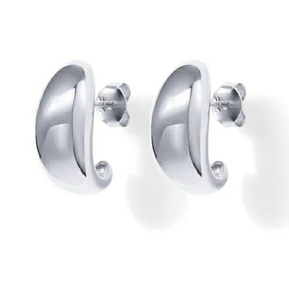 14K White Gold Plated 925 Sterling Silver Post Gold Dome Huggie Hoop Earrings - Picture 2 of 5